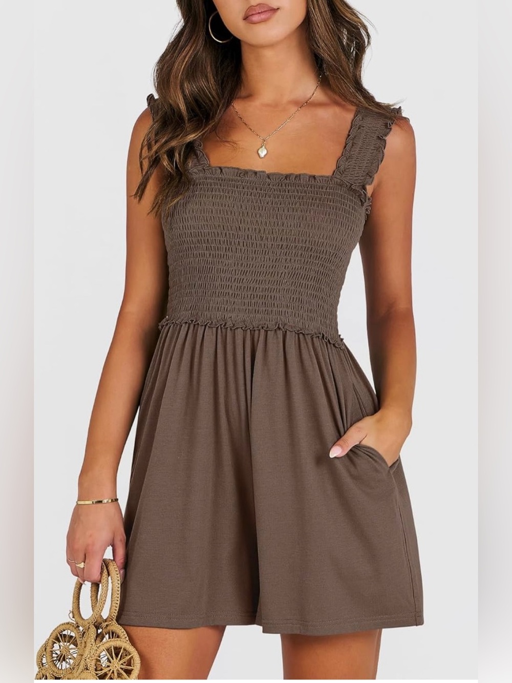 Smocked Square Neck Shorts Jumpsuit in Brown NWT